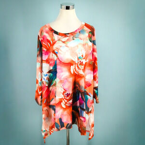 Soft Surroundings Plus Size 2X Sahara Floral Print Scoop Long Sleeve Tunic Top